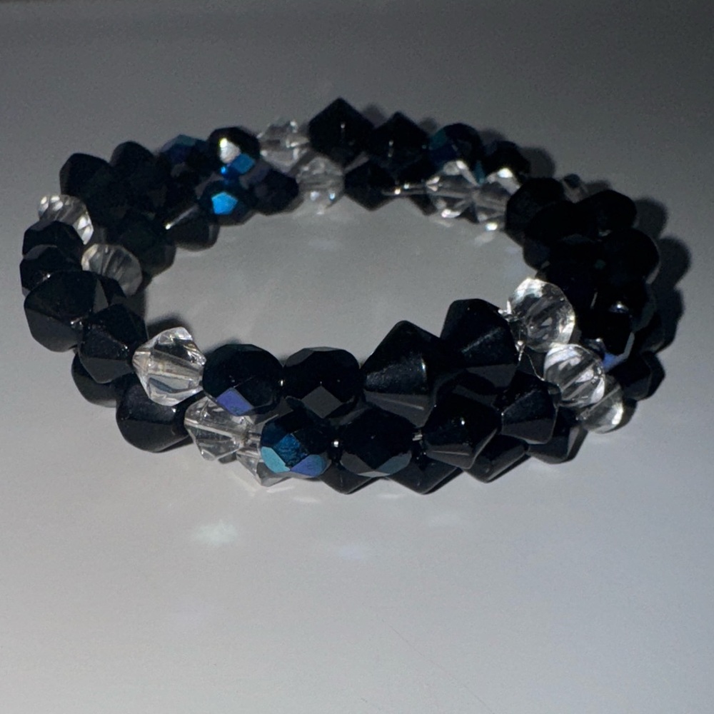 black + blue + clear memory wire bracelet | versatile beaded wrap jewelry